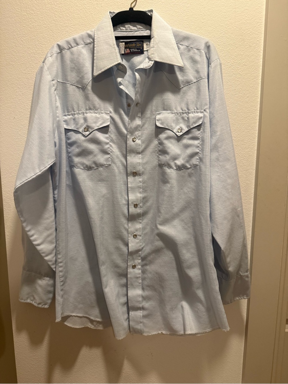 Vintage Panhandle Slim Western Pearl Snap Shirt Light Blue USA Made 16-34